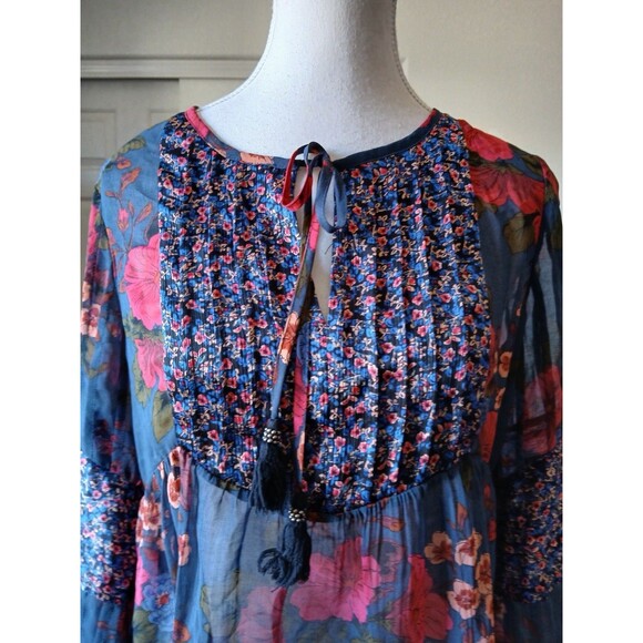 Daniel Rainn XS Boho Floral Tunic Blouse Tie Neck Long Sleeve - Picture 6 of 15